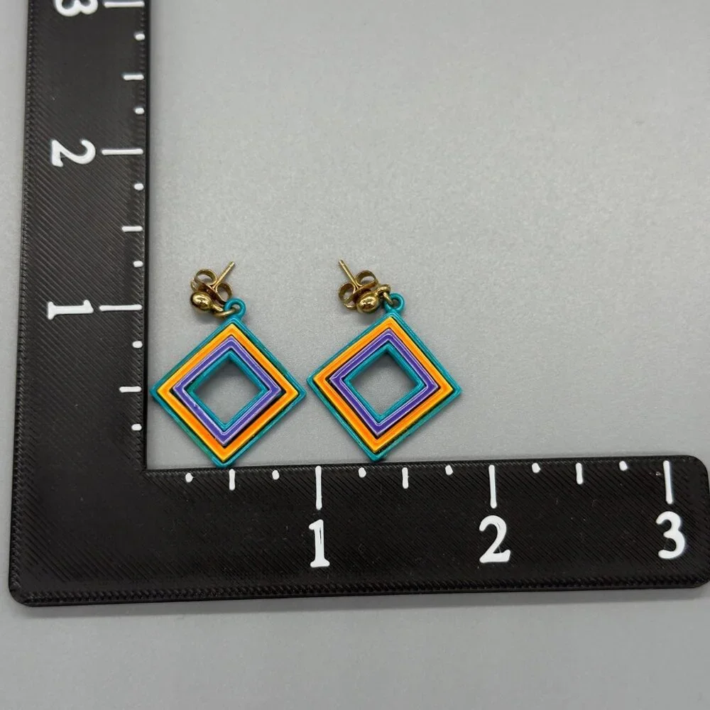 Vintage Bright Multicolor Retro Geometric Enamel Block Square Earrings 80's - Picture 9 of 10
